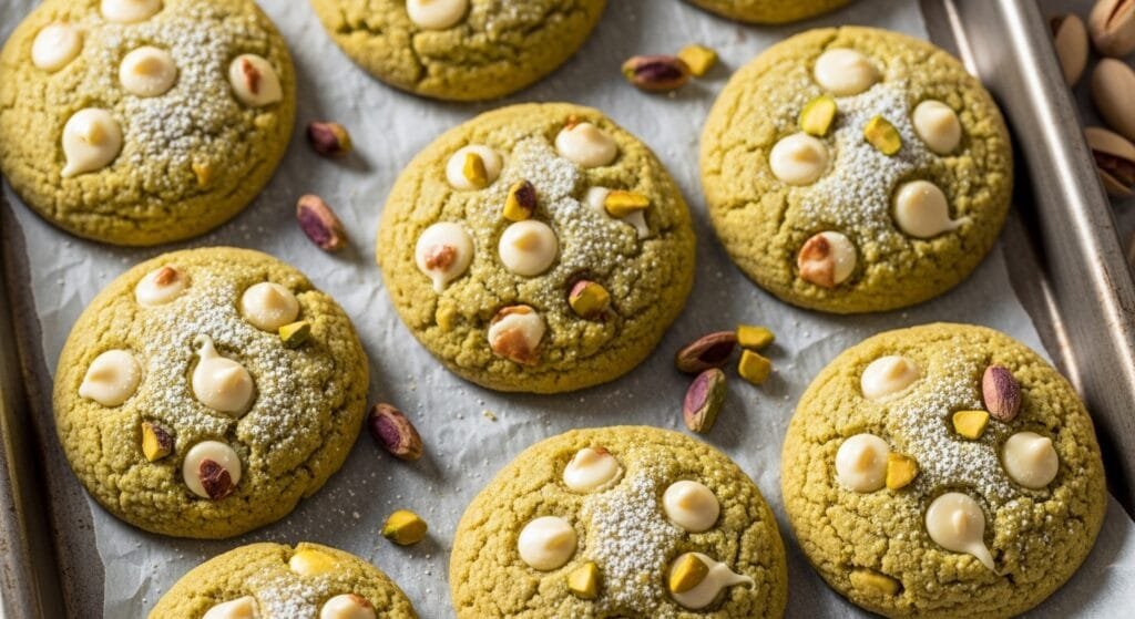 soft pistachio cookies with white chocolate chips on baking tray