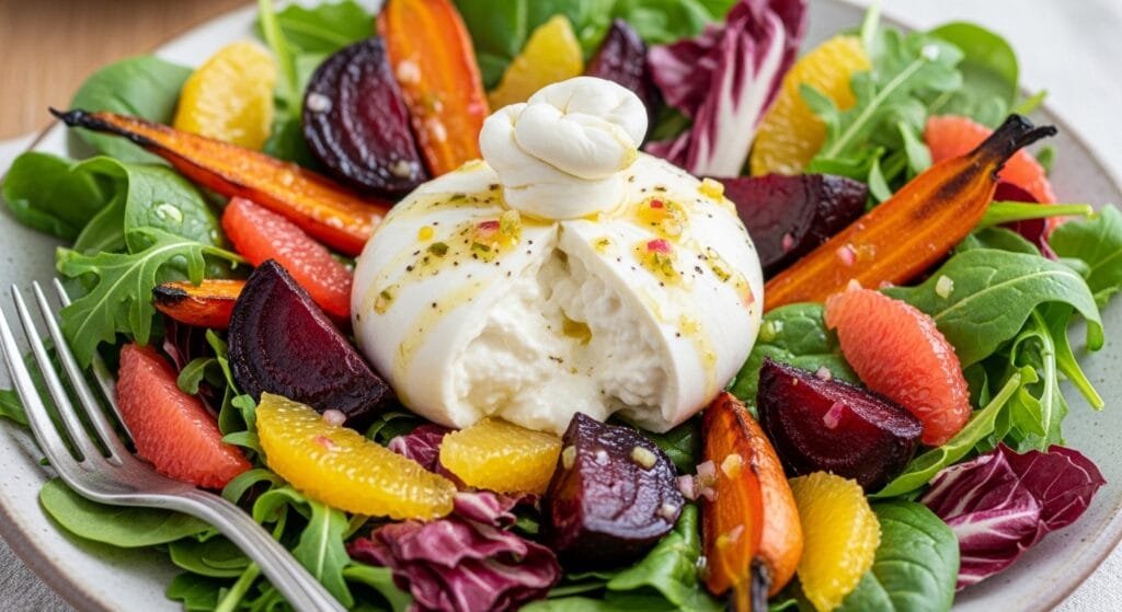 Roasted beets and carrots salad with burrata cheese greens and citrus dressing