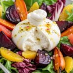 Roasted Beets & Carrots with Burrata Salad Roasted beets and carrots salad with burrata cheese greens and citrus dressing