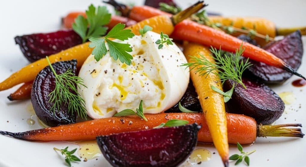 Caramelized roasted beets and carrots with creamy burrata and fresh herbs