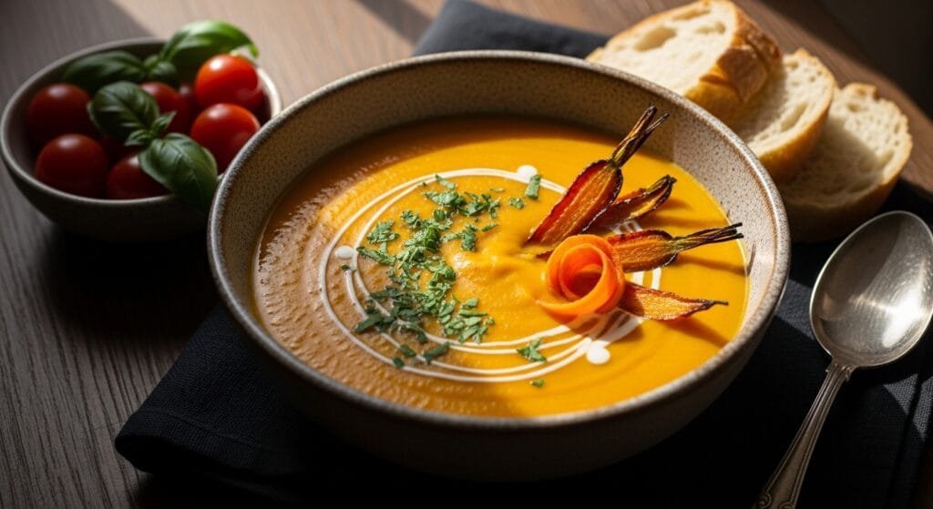smooth roasted vegetable soup blended with carrots tomatoes and sweet potato
