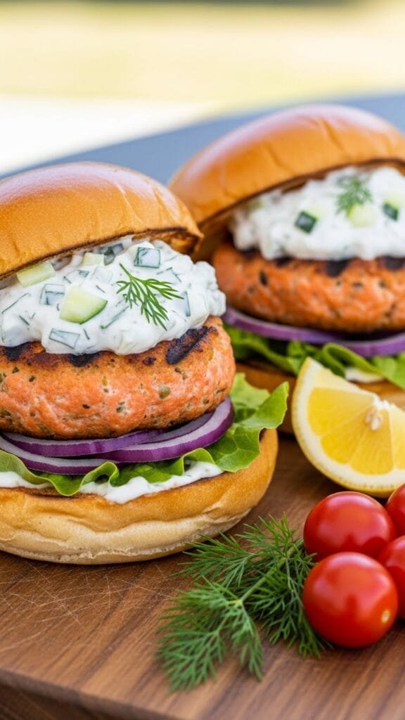 close up of salmon burger patty showing flaky texture and herbs