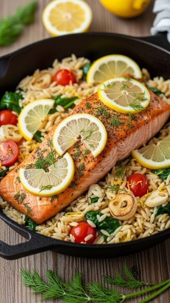 one skillet salmon with lemon orzo and spinach served in a pan
