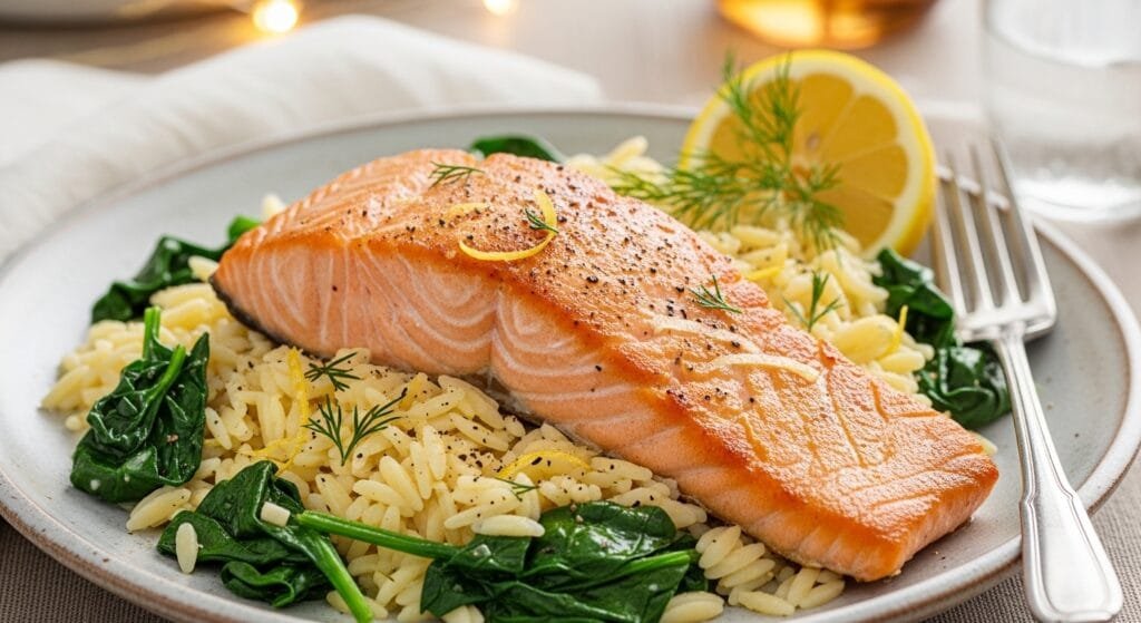 Flaky salmon with creamy lemon orzo and wilted spinach served warm