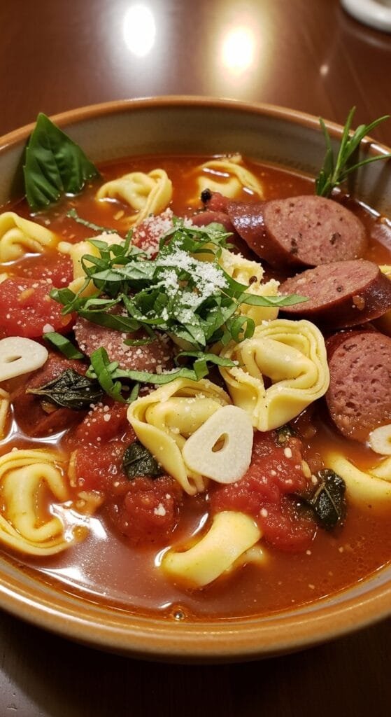 hearty sausage tortellini soup served in a bowl with tomato broth and herbs