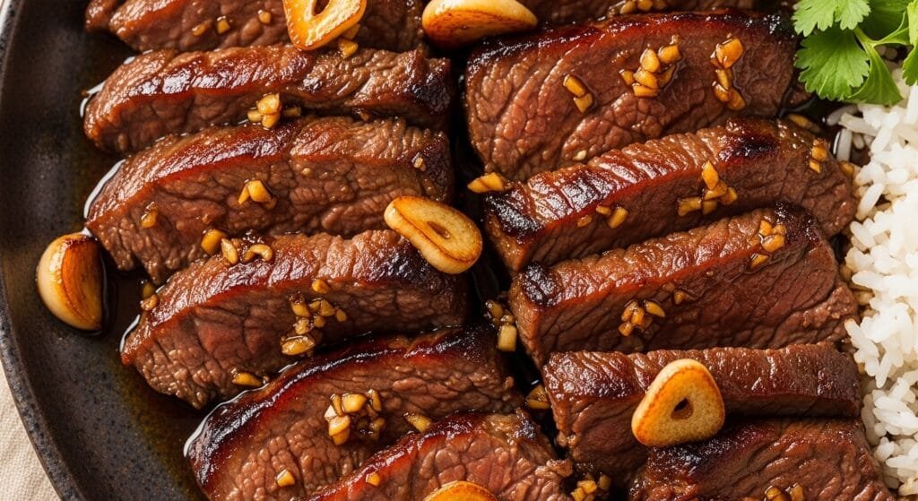 savory beef tapa cooked with garlic soy sauce and caramelized edges