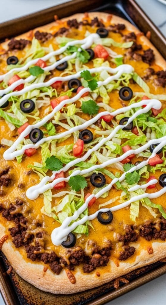 Sheet pan taco pizza with seasoned ground beef, melted cheese, and crispy golden crust