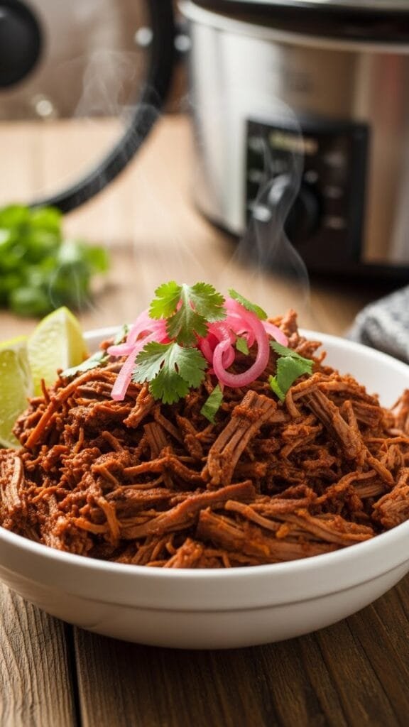 Shredded beef barbacoa in slow cooker with rich sauce