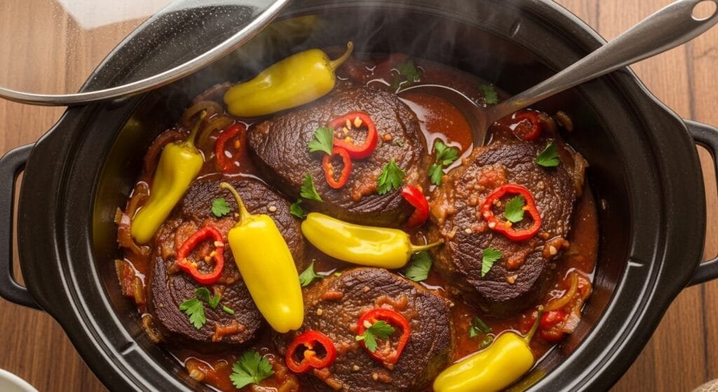 Slow cooker Mississippi ribeye steaks cooked in savory pepperoncini sauce