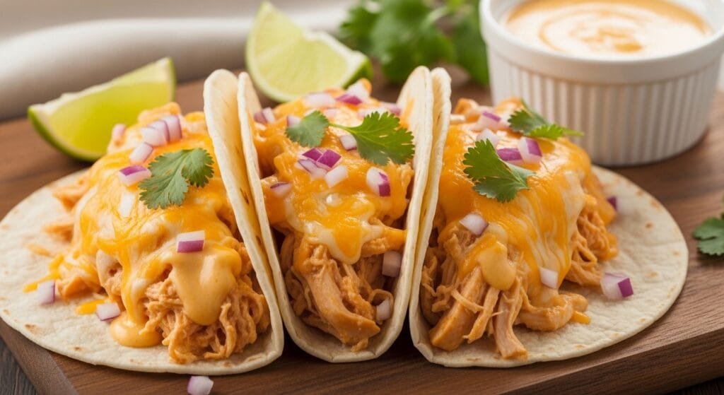 slow cooker queso chicken tacos with melted cheese