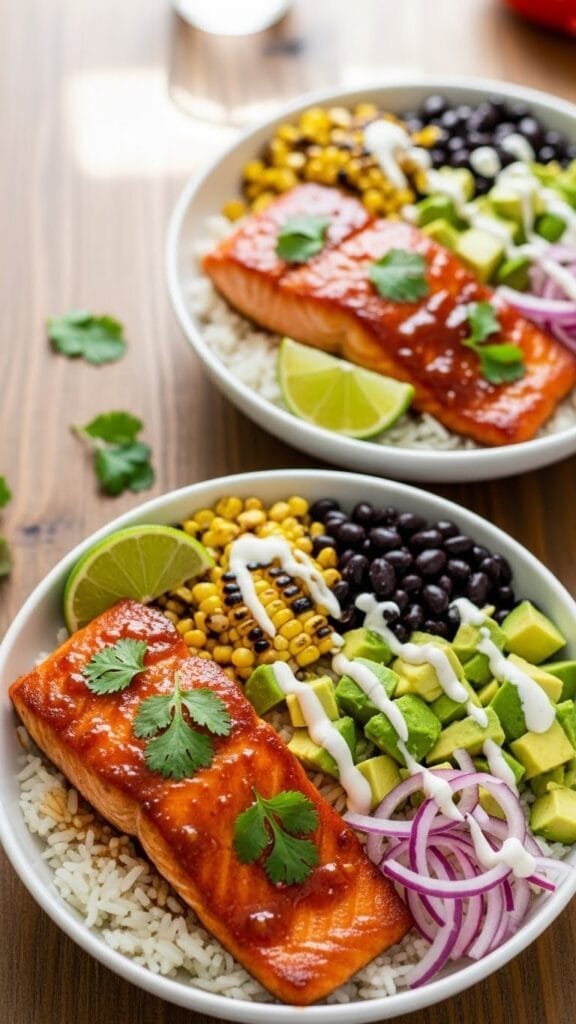 Spicy chipotle honey salmon bowl with rice, avocado salad, and creamy chipotle mayo