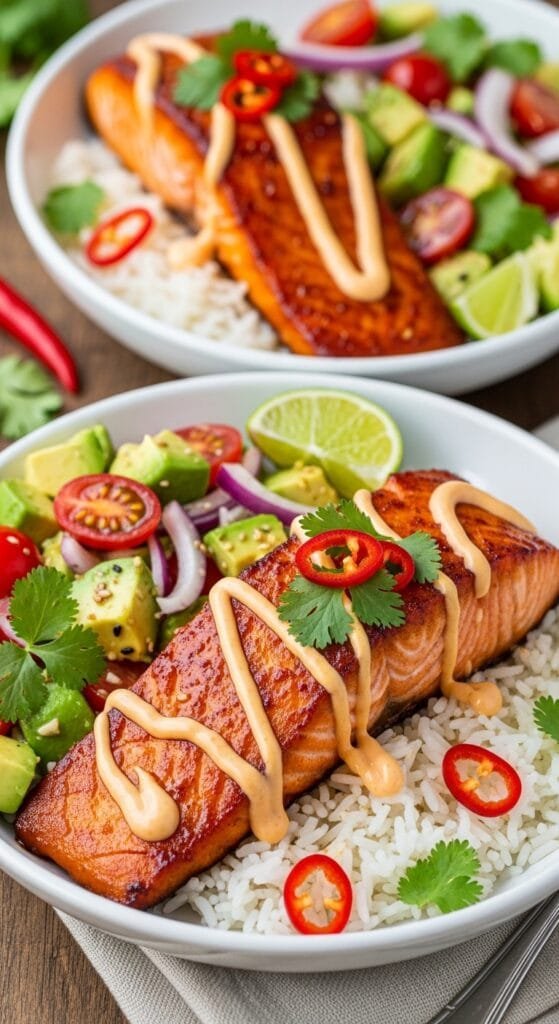 Spicy chipotle honey salmon bowls served over rice with avocado salad and chipotle mayo