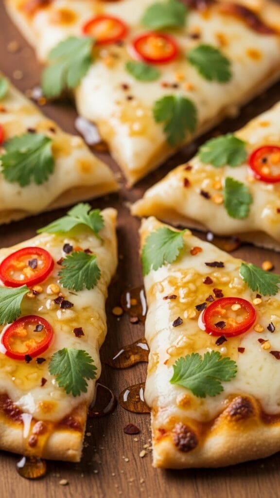 Hot honey garlic flatbread pizza with melted mozzarella and crispy pepperoni fresh from the oven