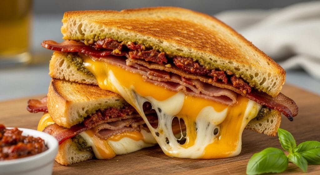 sun-dried tomato bacon pesto grilled cheese with melted cheese