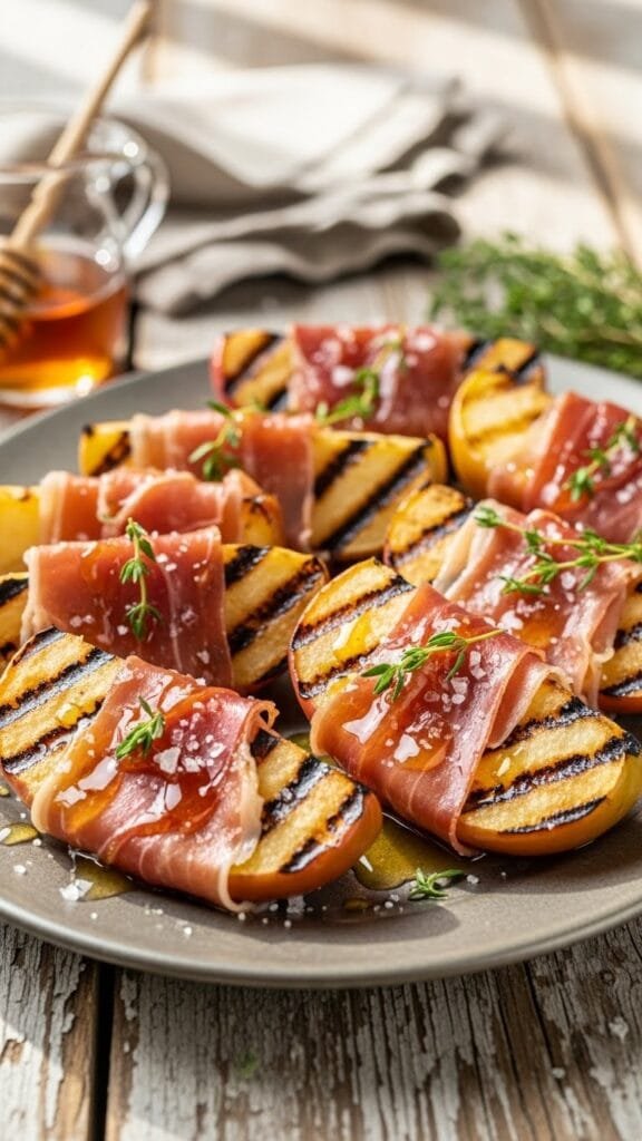Grilled apples with prosciutto and honey served warm on a platter