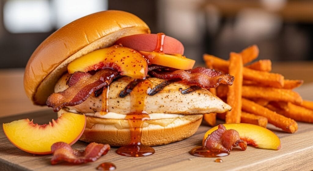 grilled chicken sandwich with peaches bacon and hot honey
