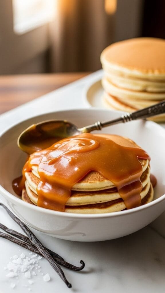close up of thick caramel sauce being poured from a spoon