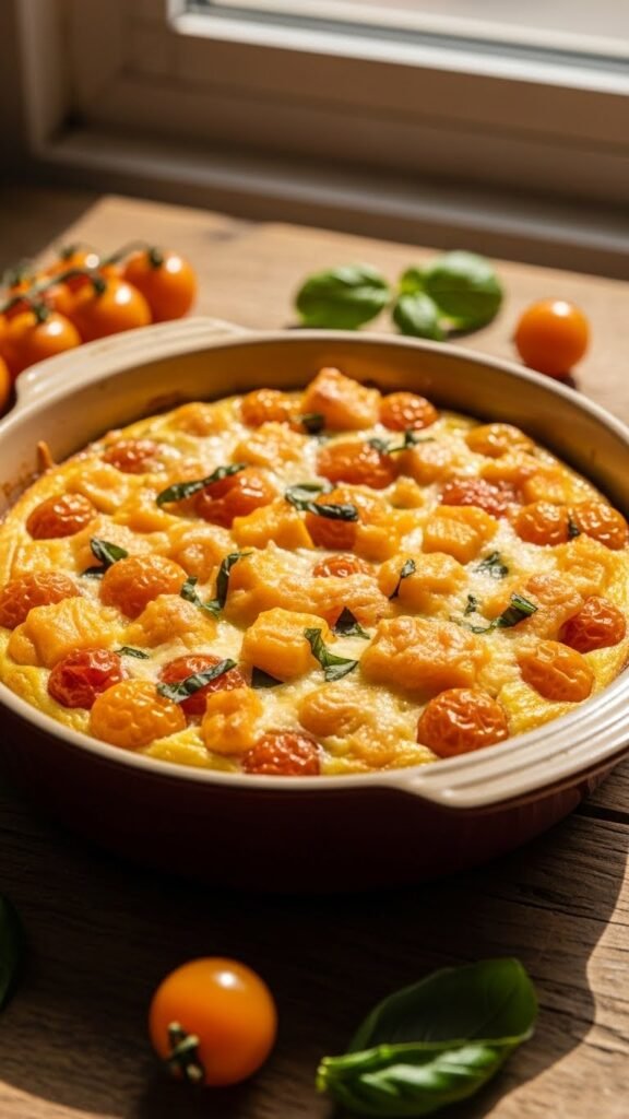 golden sunrise tomato and cheese egg bake fresh from the oven