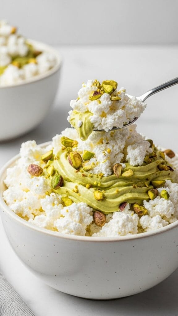 fluffy pistachio dream whip salad in a glass bowl with creamy texture