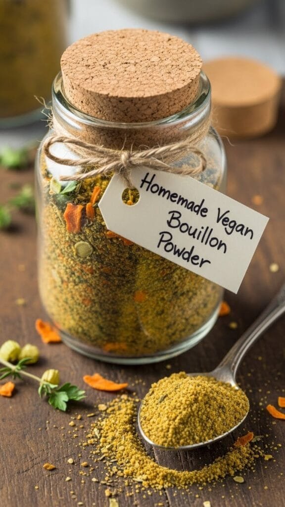 Homemade vegan bouillon powder stored in a glass jar with dried herbs and spices