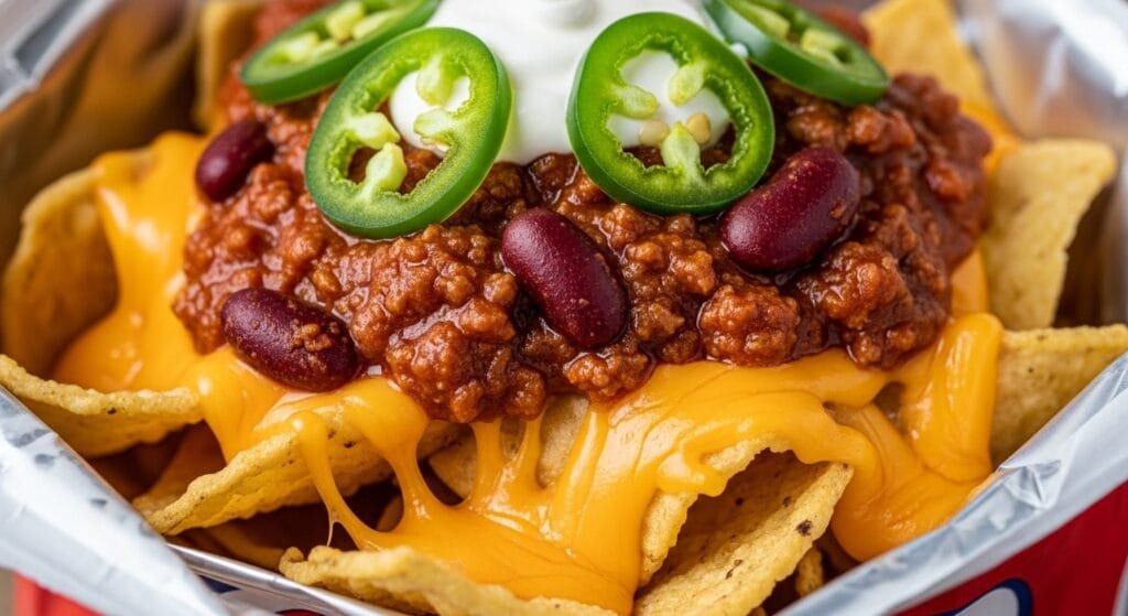 close up walking frito pie with melted cheese and chili