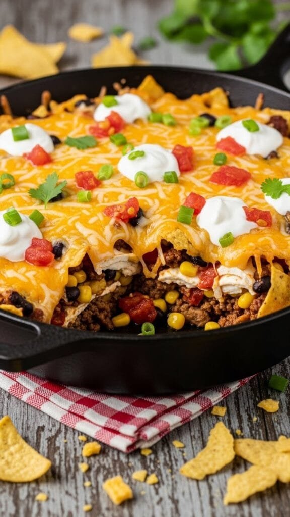 Close-up of walking taco casserole showing creamy beef mixture, melted cheese, and corn chips