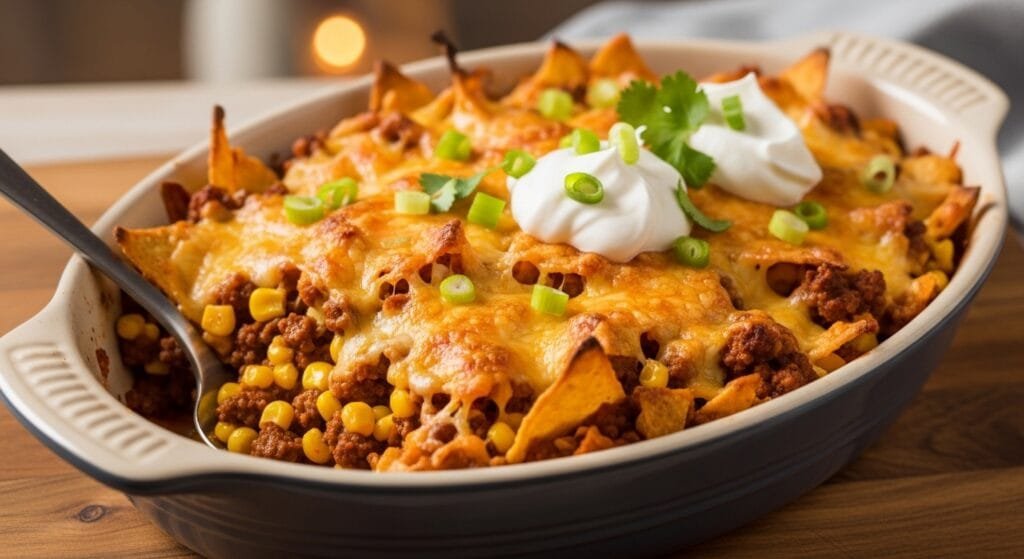 Walking taco casserole baked with seasoned beef melted cheese and corn chips