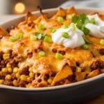 Walking taco casserole baked with seasoned beef melted cheese and corn chips