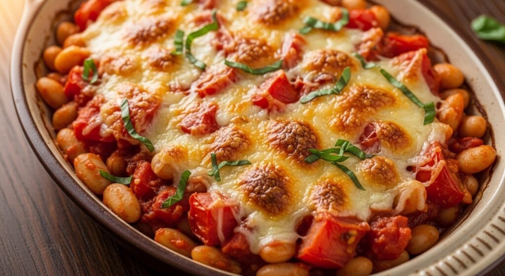 white bean tomato bake with bubbly cheese topping