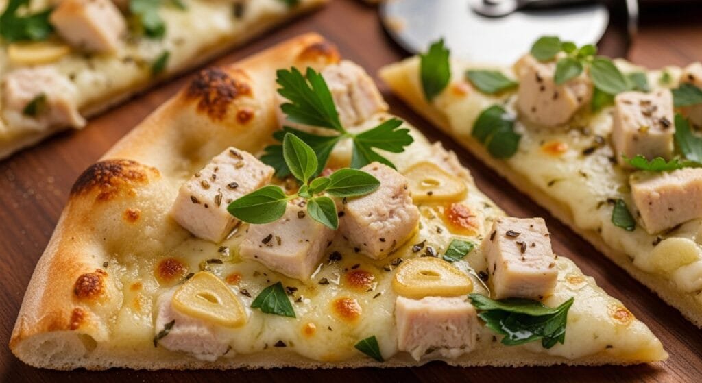 slice of white garlic chicken pizza showing creamy sauce chicken and herbs