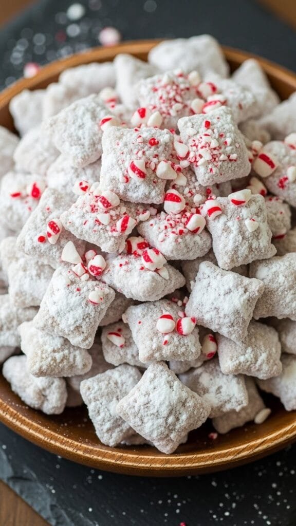 White chocolate peppermint puppy chow coated in powdered sugar with crushed candy canes