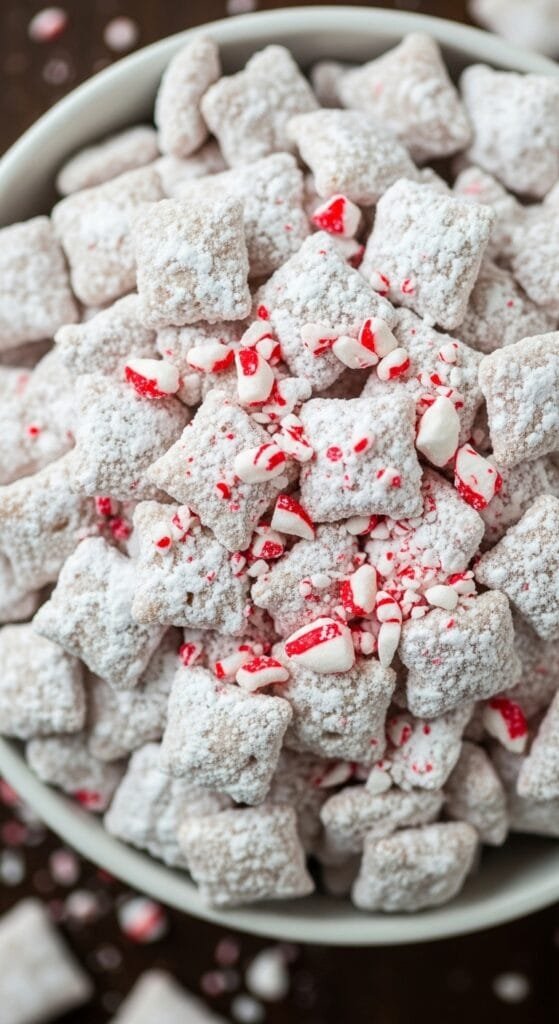 White chocolate peppermint puppy chow coated in powdered sugar with crushed candy canes