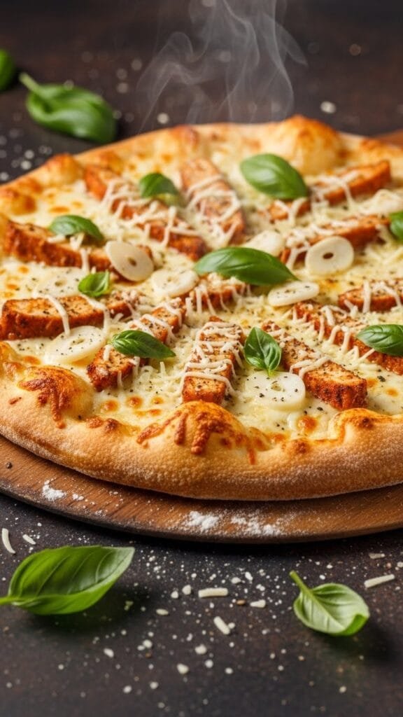 homemade white garlic chicken pizza with creamy sauce and melted cheese