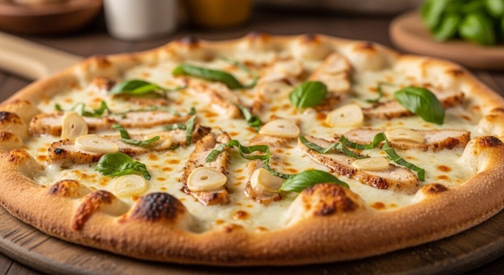 white garlic chicken pizza with creamy sauce and melted mozzarella on crispy crust
