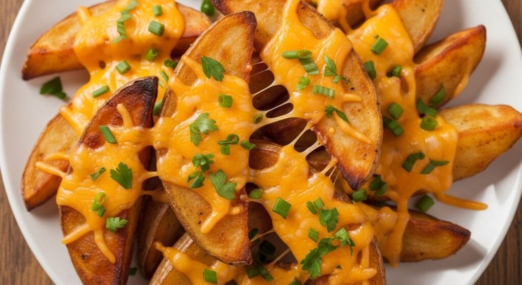 Crispy air fryer cheesy potato wedges topped with melted cheddar and herbs