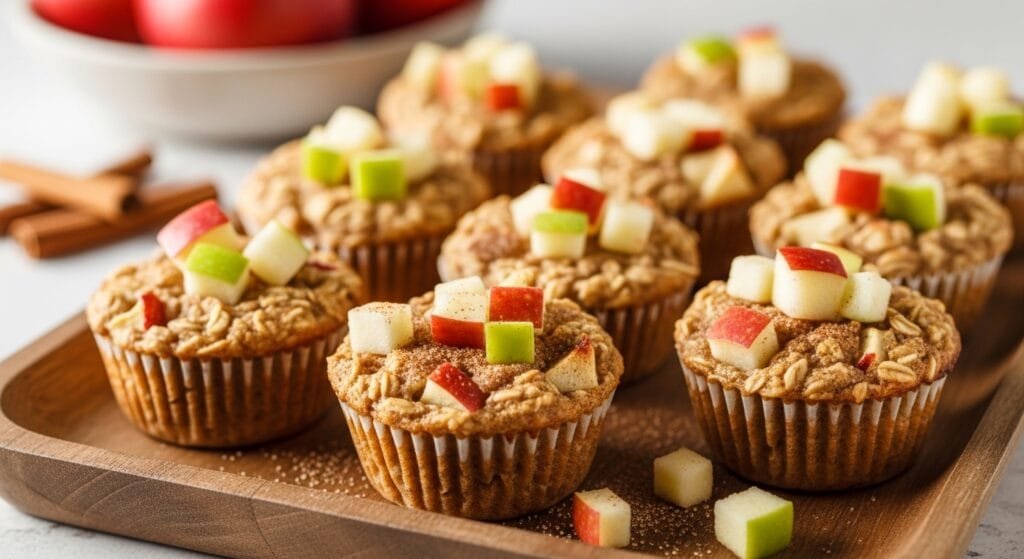 Apple cinnamon baked oatmeal cups with golden tops and fresh apple pieces arranged on tray