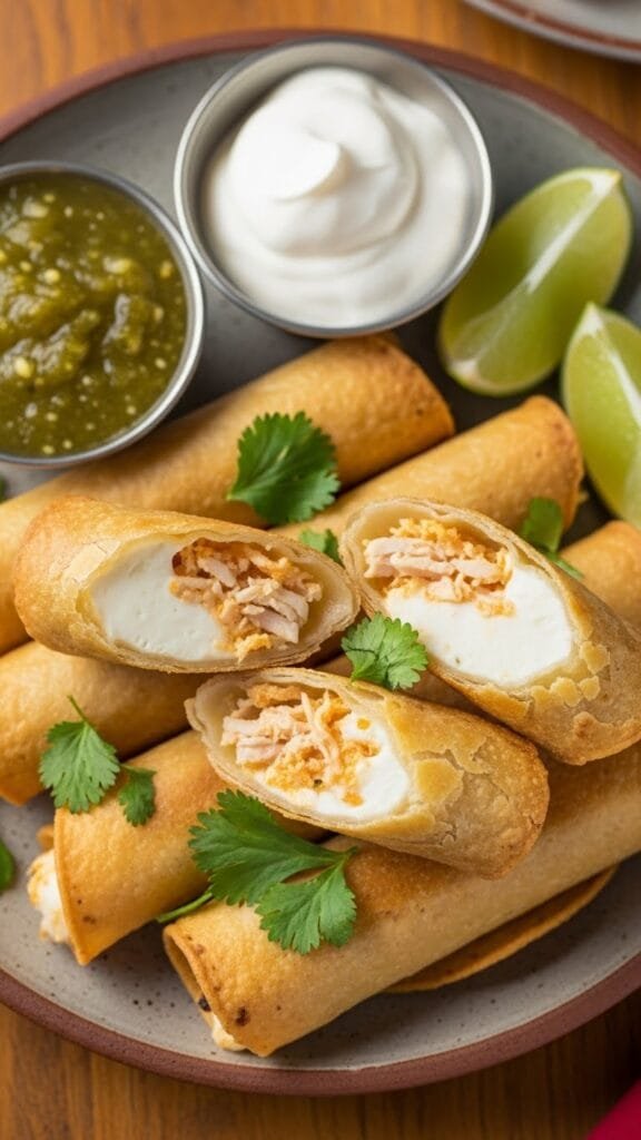 Crispy baked cream cheese chicken taquitos arranged on a tray with salsa for dipping