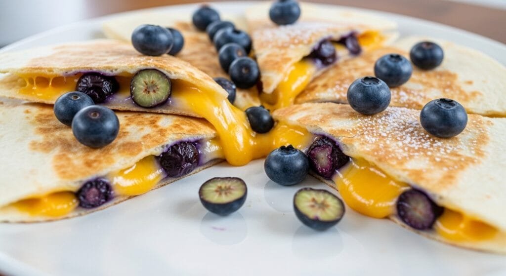 Blueberry breakfast quesadilla with melted cheese and fresh blueberries sliced into wedges