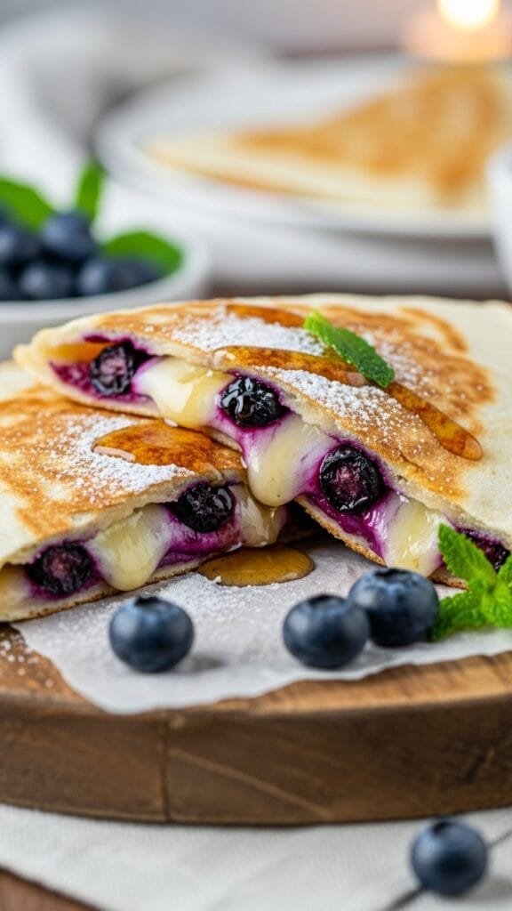 Blueberry and cheese breakfast quesadilla cooked in a skillet until golden and sliced for serving