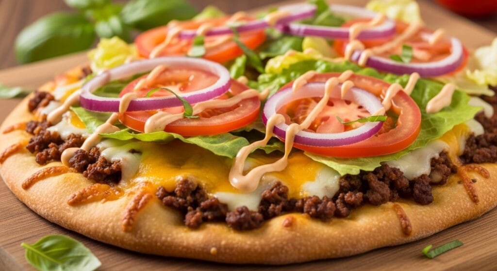 Crispy baked flatbread pizza with seasoned beef melted cheese and burger toppings