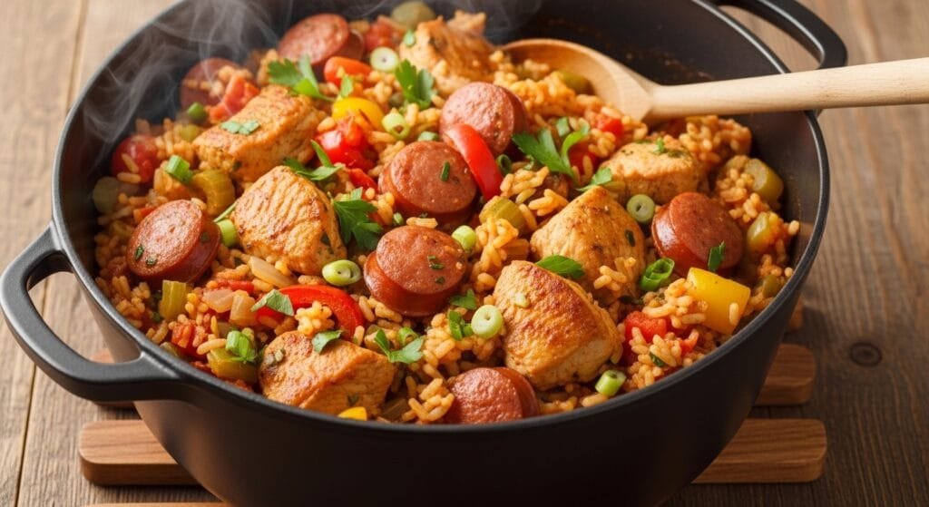 Cajun jambalaya with chicken sausage and rice cooked in one pot