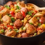 Cajun jambalaya with chicken sausage and rice cooked in one pot