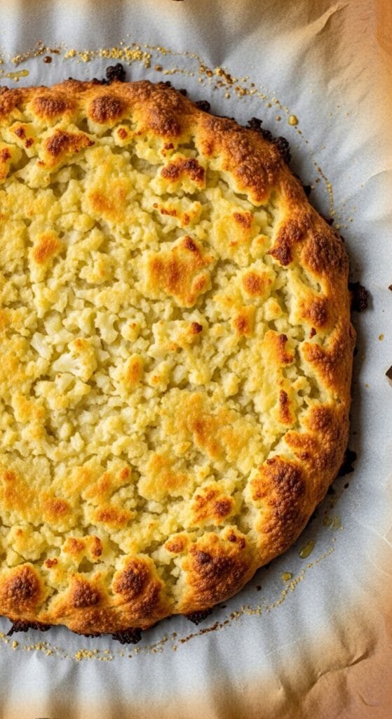 golden cauliflower pizza crust baked until crisp on parchment paper