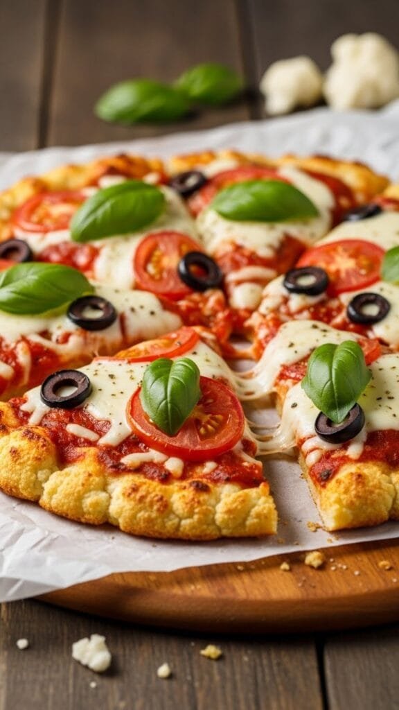 Unbaked cauliflower pizza crust pressed evenly on parchment paper before baking.