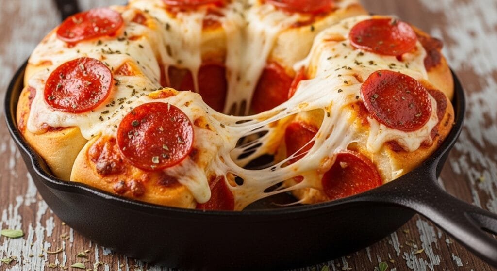 Cheesy pizza pull apart rolls baked golden with melted mozzarella and pepperoni in a skillet