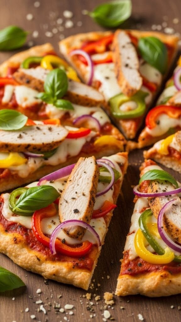 Homemade chicken crust pizza topped with mozzarella, tomatoes, and basil on a parchment-lined pan
