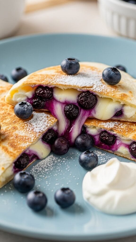 Homemade blueberry breakfast quesadilla with melted cheese and fresh blueberries, sliced into wedges and served warm