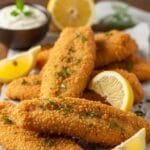 crispy homemade fish fry with golden breaded fish fillets served with lemon wedges
