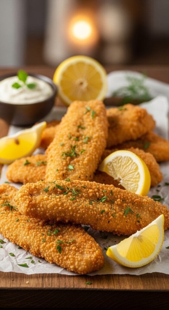 crispy homemade fish fry with golden breaded fish fillets served with lemon wedges
