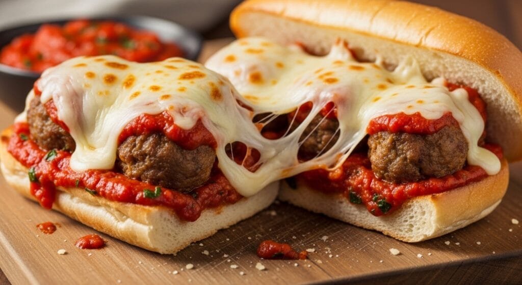 Easy cheesy meatball sub with marinara sauce melted mozzarella and toasted roll